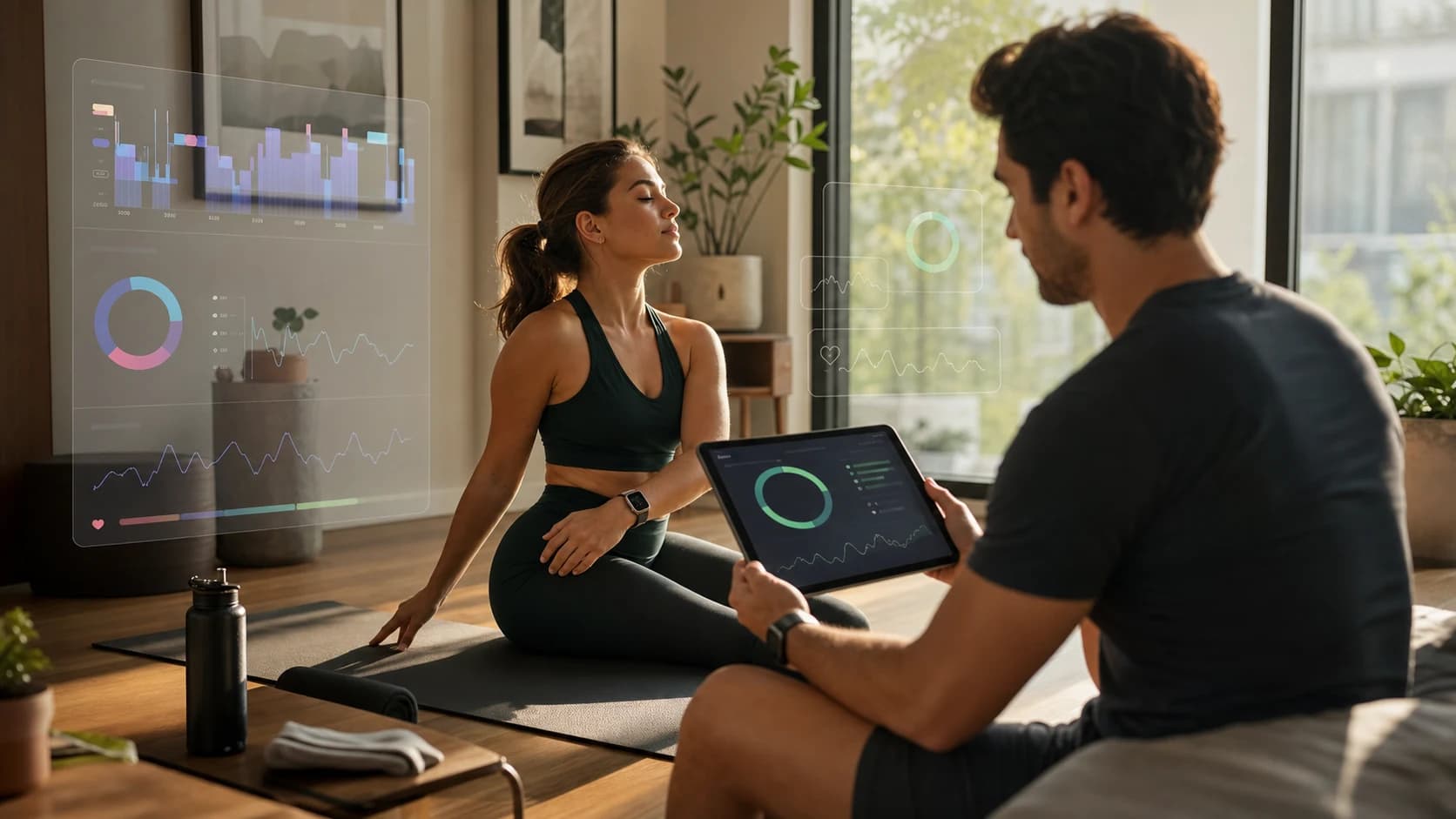 Fit adults stretching in a calm home training space near abstract wellness charts