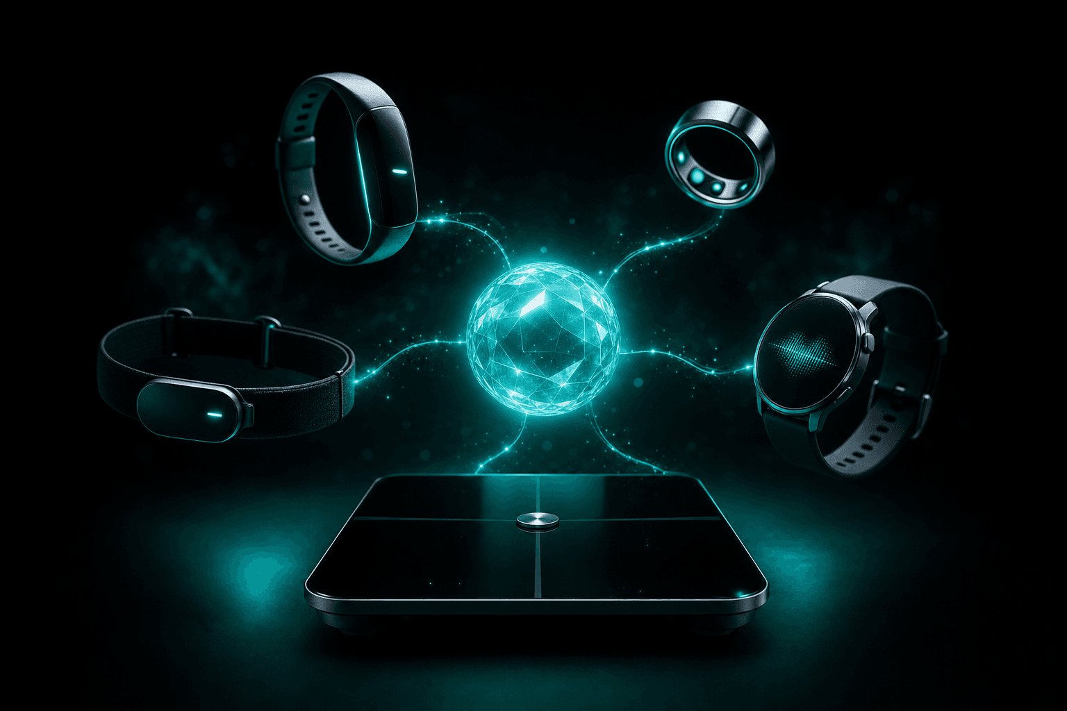 A constellation of wearable devices connected to a glowing AI core