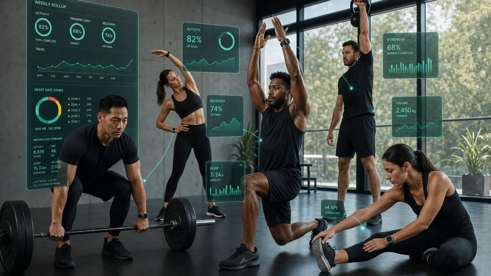 Athletes training with circular smartwatches and floating teal weekly-rollup, activity, recovery and v4 API dashboards — Google Health connector context