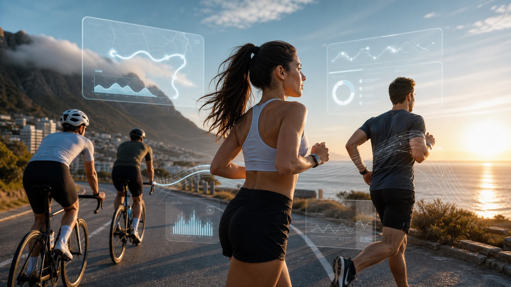 Endurance athletes running and cycling at sunset with heart-rate and recovery context