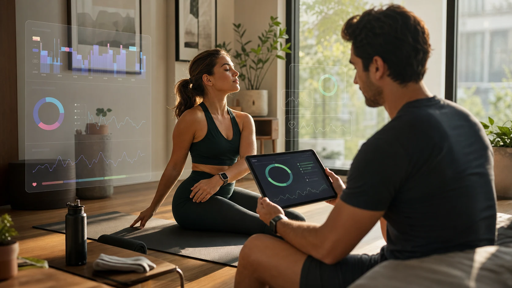 A calm home wellness scene with body composition and sleep context