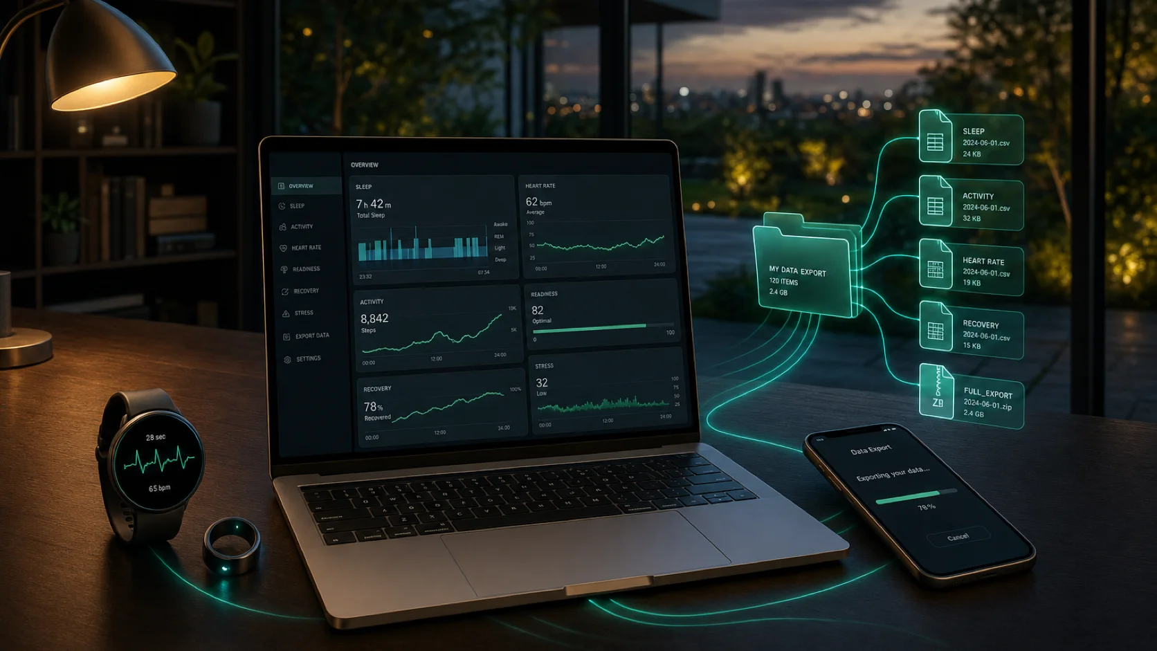A dark cinematic private workspace with smartwatch, ring, laptop dashboard and floating teal CSV/ZIP archive cards — local Samsung Health export parser context